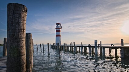 Famous lighthouse on the bank of Neusiedler See. Tourist attraction of Podersdorf am See. Burgenland, Austria.