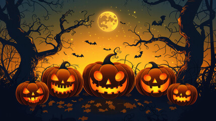 Glowing jack-o'-lanterns under a full moon, with bats and twisted trees, creating a spooky Halloween atmosphere.