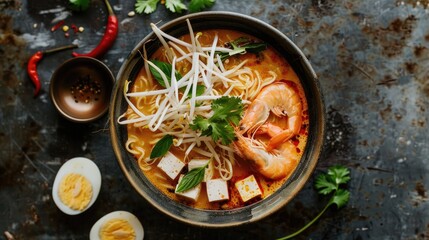 Top view of a bowl of laksa noodles with shrimp, tofu, bean sprouts, and boiled egg in a spicy coconut broth.