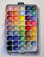 Watercolor palette, paints, paint brush isolated on white background set. 