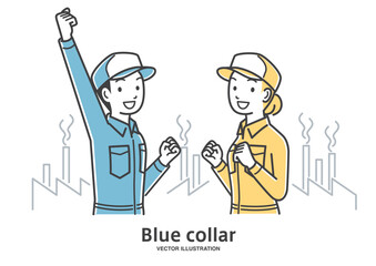 ガッツポーズをする男性と女性の工場作業員