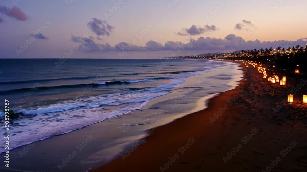 Poster a tranquil beach with gentle waves at dusk, illuminated by lanterns lining the sand, creating a peac