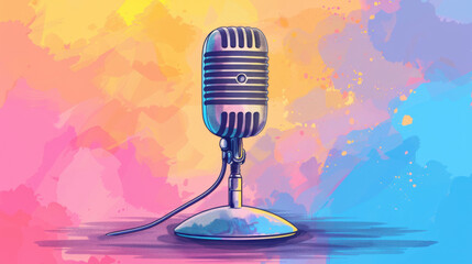 Vintage microphone with a vibrant, colorful background, perfect for themes of music, broadcasting, and retro aesthetics.