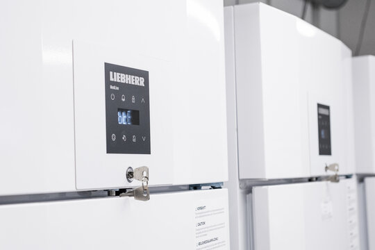PRAGUE, CZECHIA - JULY 7, 2024: Two big industrial Liebherr freezer in the laboratory . 