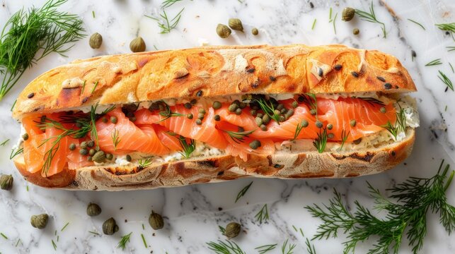 Top view of a gourmet sandwich filled with smoked salmon, cream cheese, and capers on a marble background with fresh dill scattered around.