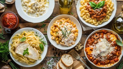 Top view of a rustic pasta menu, including classic dishes like spaghetti Bolognese, mac and cheese, and Alfredo pasta, presented with fresh bread, olive oil, and herbs on a wooden table.