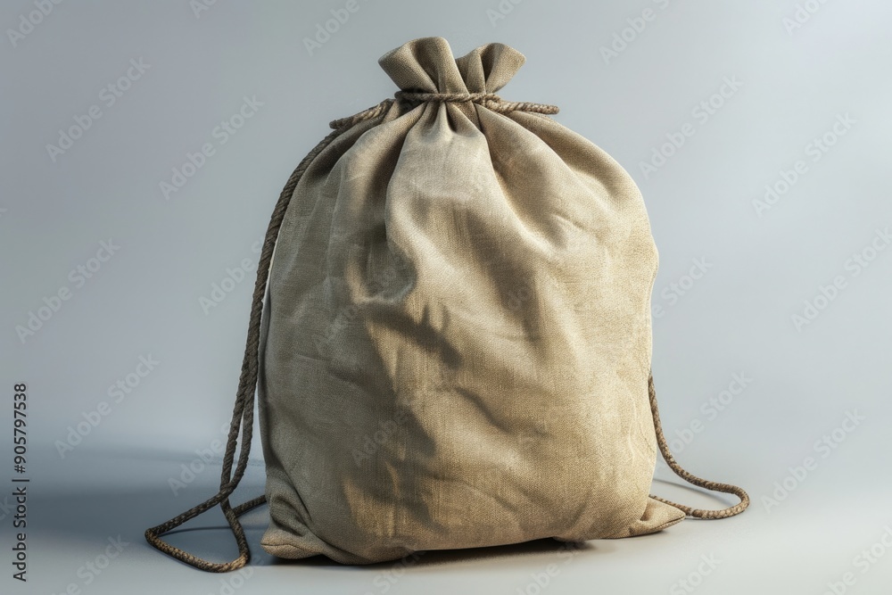 Poster a simple drawstring bag resting on a clean white surface, suitable for still life photography or pro