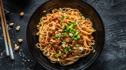 Top view of dan dan noodles with spicy ground pork, peanuts, and green onions in a black bowl.