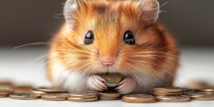 Meme with hamster tucks coins behind his cheeks for savings. Hamster holding coin on scattered money, concept of inflation, savings, and financial safety, economics concept