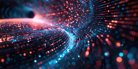 Obraz premium A vivid abstract representation of a digital data stream with blue and red light dots forming a dynamic wave pattern.