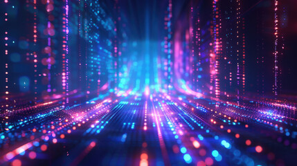Vibrant neon lights create an abstract, futuristic digital data visualization, showcasing a high-tech, cyber environment.