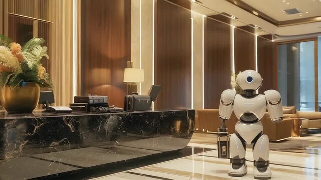 In a sleek, modern hotel lobby, a robot concierge assists guests at the reception desk. The lobby features warm lighting, contemporary furniture, and a polished marble counter. The scene exudes an