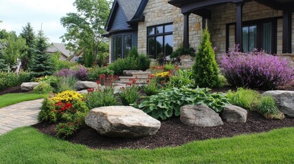 Obraz premium Beautiful front yard with a combination of flowering plants, green grass, and decorative stones
