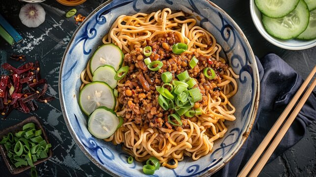 Top view of zha jiang mian noodles with pork and soybean paste, garnished with cucumber and radish.