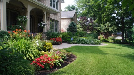 Obraz premium Elegant front yard with well-maintained lawn and various plants adding curb appeal to a house