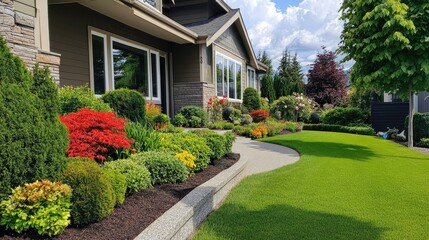 Fototapeta premium Elegant front yard with well-maintained lawn and various plants adding curb appeal to a house