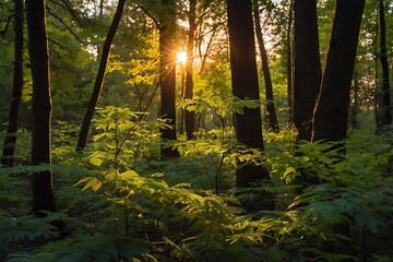 Naklejka premium trees in the forest, with leafs and branches, some sunset light between the forest