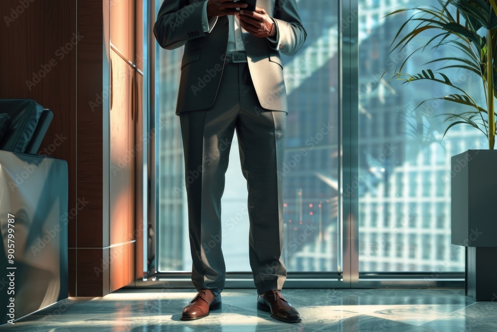 Poster a man stands in front of a window, dressed in a suit