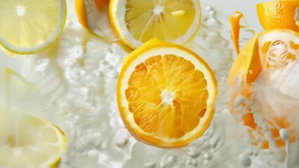 Fresh lemon and orange slices float among ice cubes and bubbles in water. The vibrant citrus colors suggest a refreshing drink on a sunny day. Perfect for a summer-themed visual.