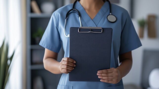 Confident female doctor of african descent indoors with blank medical chart, blue background for healthcare content. Smiling warmly, ready to care for patients