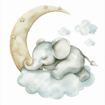 recommend clip art: Illustration of a baby elephant sleeping in watercolor. Kids clipart print. Stock baby illustration.