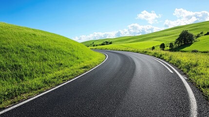 Roadside scenery with lush green fields and a winding road under a clear blue sky