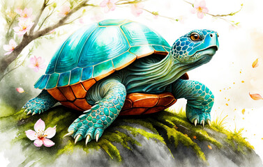 Obraz premium a turtle, intricately illustrated in vibrant watercolors