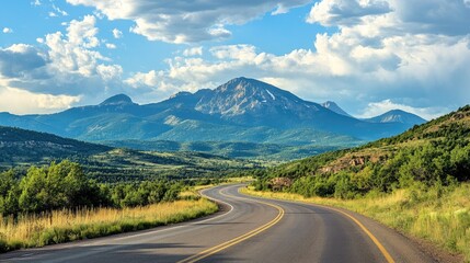 Fototapeta premium Scenic roadside view of a mountain range with a highway curving through the landscape