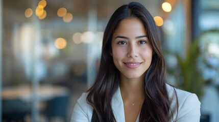 Obraz premium Confident Young Businesswoman Smiling in a Bright, Modern Office Setting