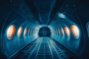 Mystical, empty airplane cabin interior illuminated by soft, ambient light, concept of solitude and travel