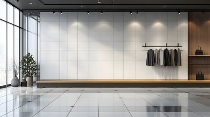 Black and gray dress clothes in modern shop display with white square tile wall, black grout line for clothing, garment product background 3D