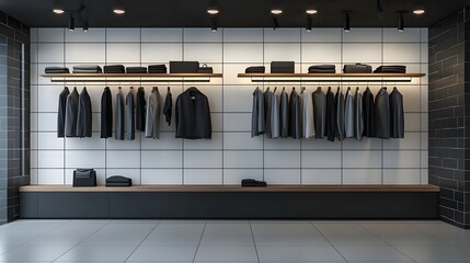 Black and gray dress clothes in modern shop display with white square tile wall, black grout line for clothing, garment product background 3D