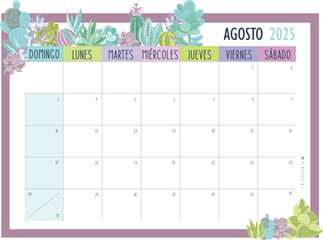 Calendario Planificador 2025 en Español - Tamaño A4 - Mes de Agosto
