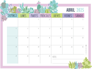 Calendario Planificador 2025 en Español - Tamaño A4 - Mes de Abril