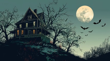 An old, spooky house on top of a hill with a full moon
