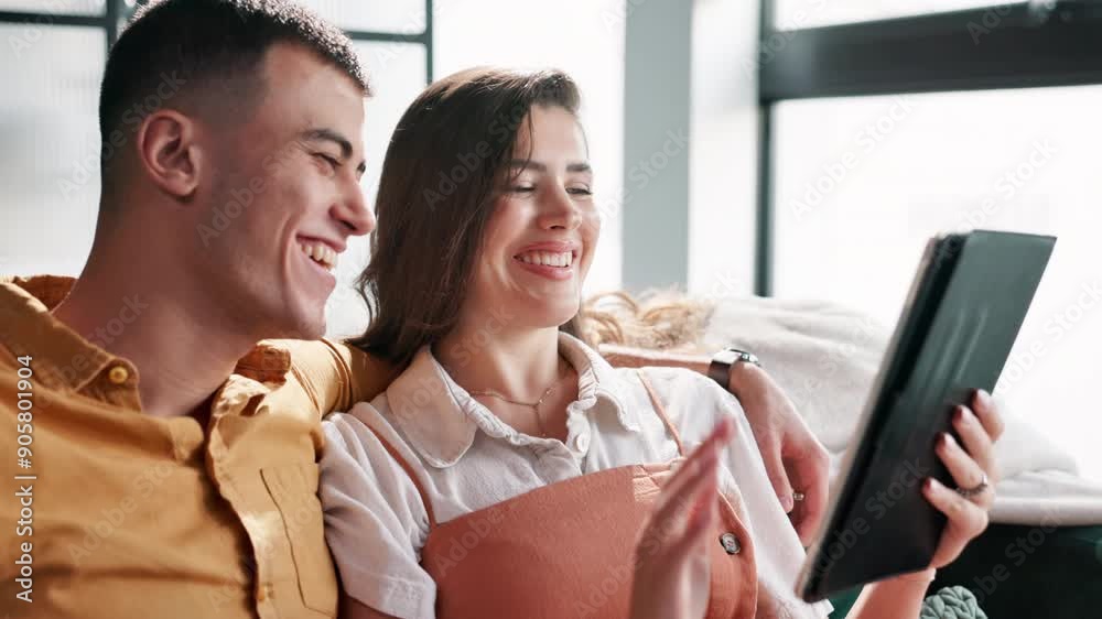 Poster couple, tablet and laughing on sofa in home networking on social media, mobile app or internet. man,