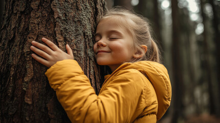 A young girl in a yellow jacket hugging a tree with a content expression, representing connection with nature and outdoor joy.