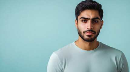 Obraz premium A man with dark hair and beard stands against a light blue background, looking directly at the camera with a calm and composed expression.