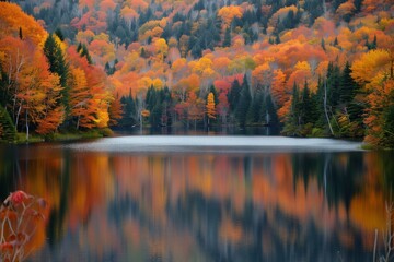 Obraz premium Autumn Reflections: A Lake Embraced by Vibrant Foliage