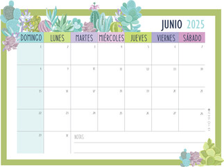 Calendario Planificador 2025 en Español - Tamaño A4 - Mes de Junio