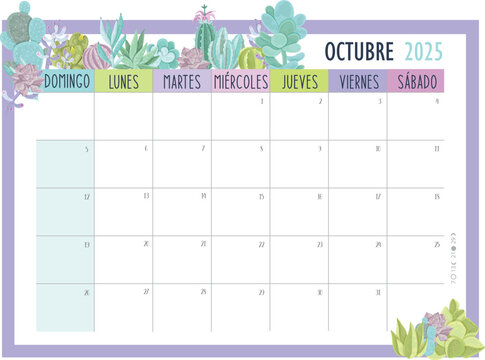 Calendario Planificador 2025 en Español - Tamaño A4 - Mes de Octubre