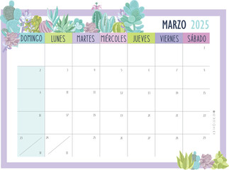 Calendario Planificador 2025 en Español - Tamaño A4 - Mes de Marzo