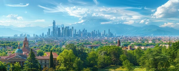 Stunning Panoramic View of Milan Skyline with Iconic Landmarks and Lush Greenery, Cityscape Photography