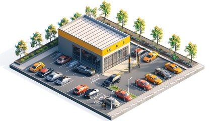 Isometric composition with parked cars near auto service center on white background 3d illustration 
