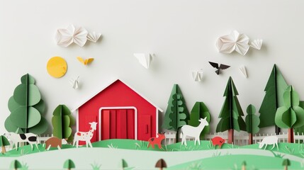 Rural farm lifestyle concept with red barn paper origami trees and animals on white background