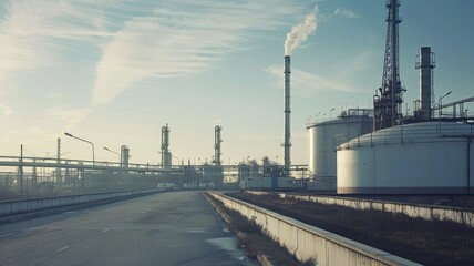 Industrial area with smoking chimneys and storage tanks under cloudy sky