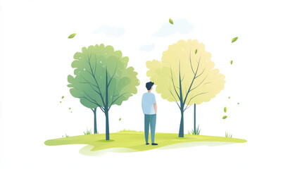 Illustration of a man standing between two trees in a park, symbolizing contemplation and decision-making.