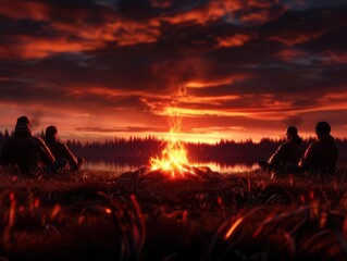 Obraz premium Camping trip with friends and family enjoying the outdoors, gathered around a campfire, Realism, Warm hues, Digital painting
