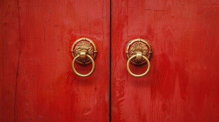 Pair of golden locks on a red door with empty space
