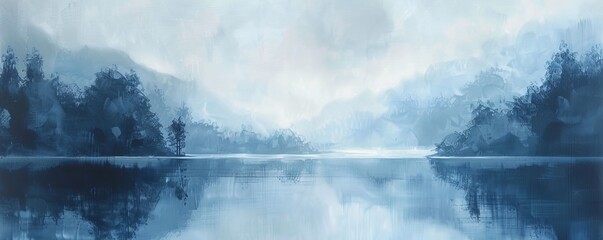 Obraz premium Abstract Blue Landscape Painting with Foggy Mountains and Lake Reflection